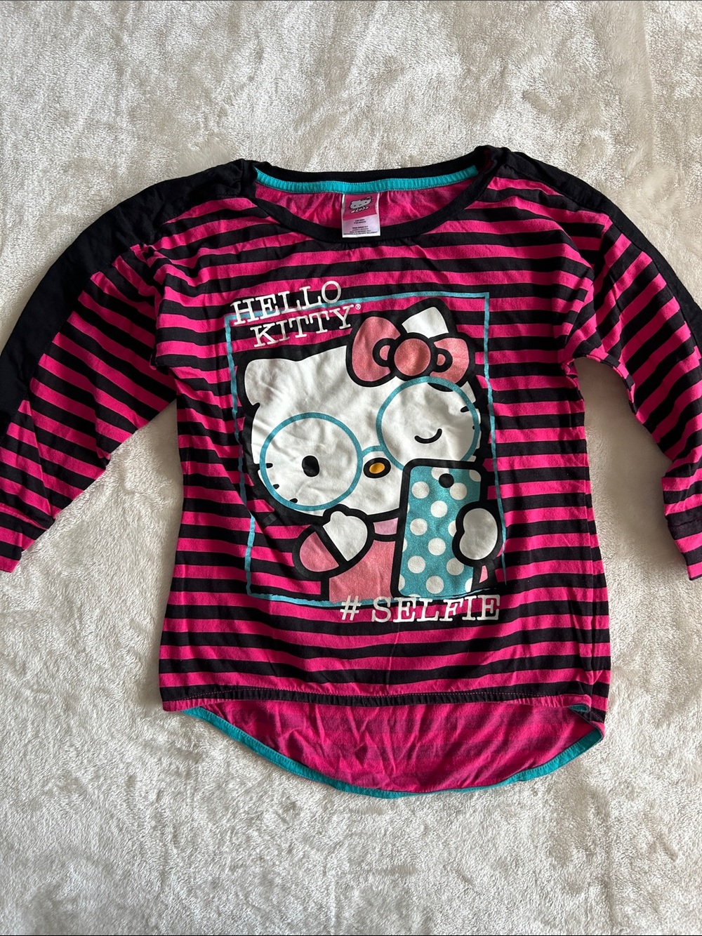 Hello Kitty Pink & Black Striped Long Sleeve Tee Size Medium 8/10